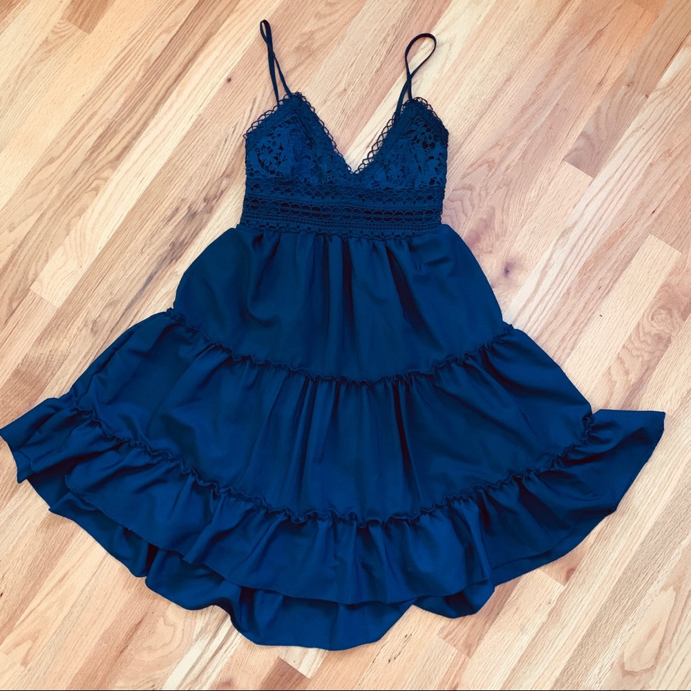 Navy Blue Dress with Lace Top Size L EUC!!